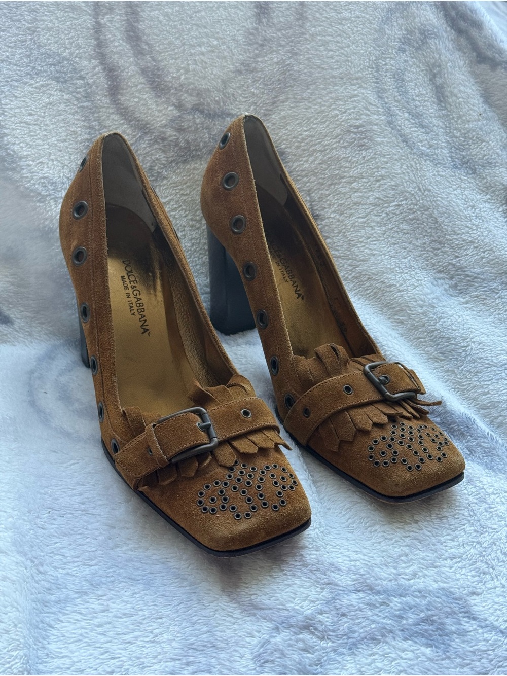 Dolce & Gabbana Brown Suede Buckle Fringe Pumps